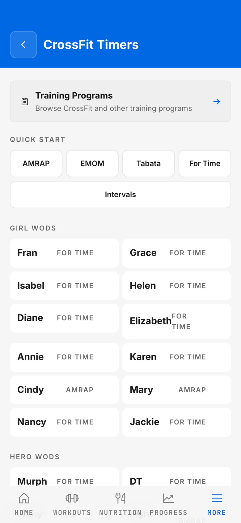 CrossFit timers with quick-start formats and a list of benchmark workouts