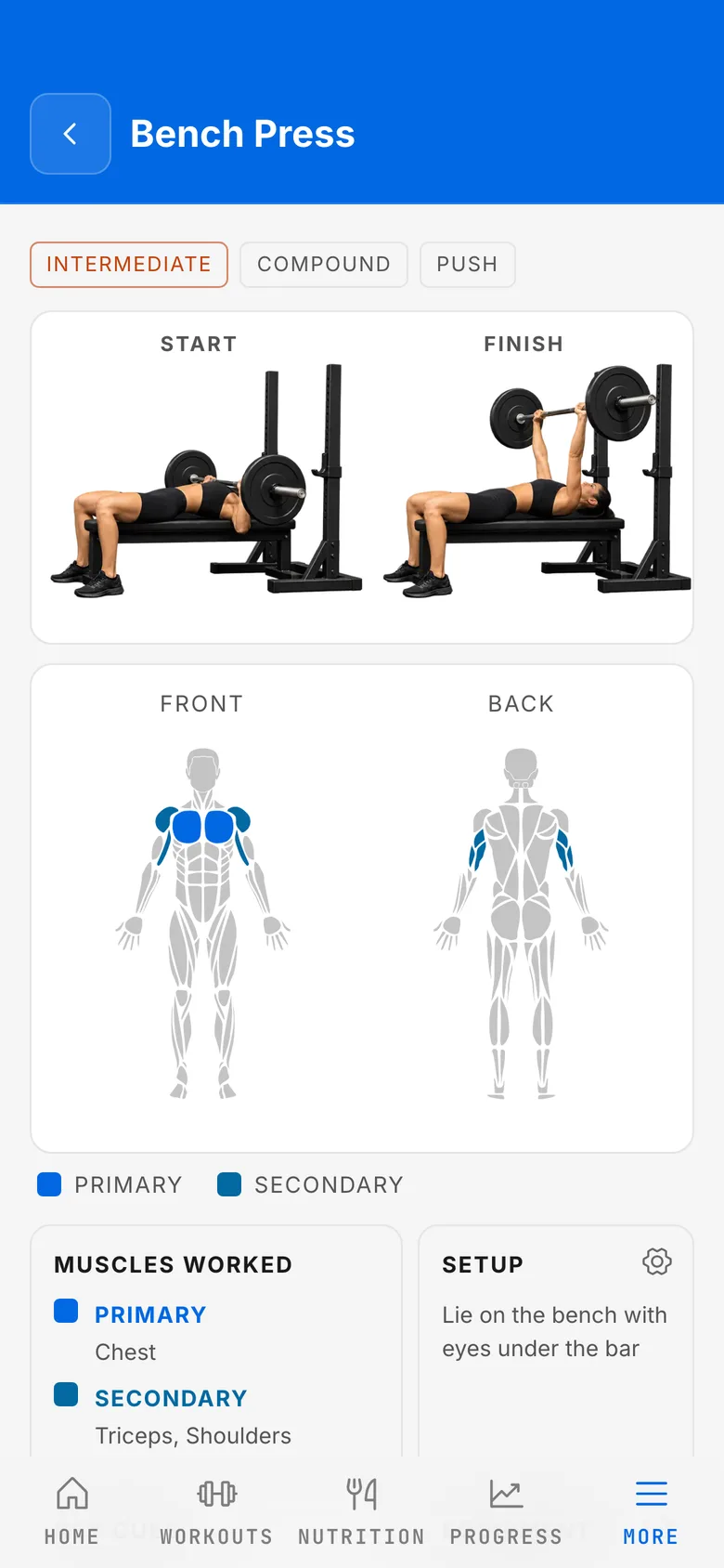 Bench press guide with start and finish positions and a muscle map