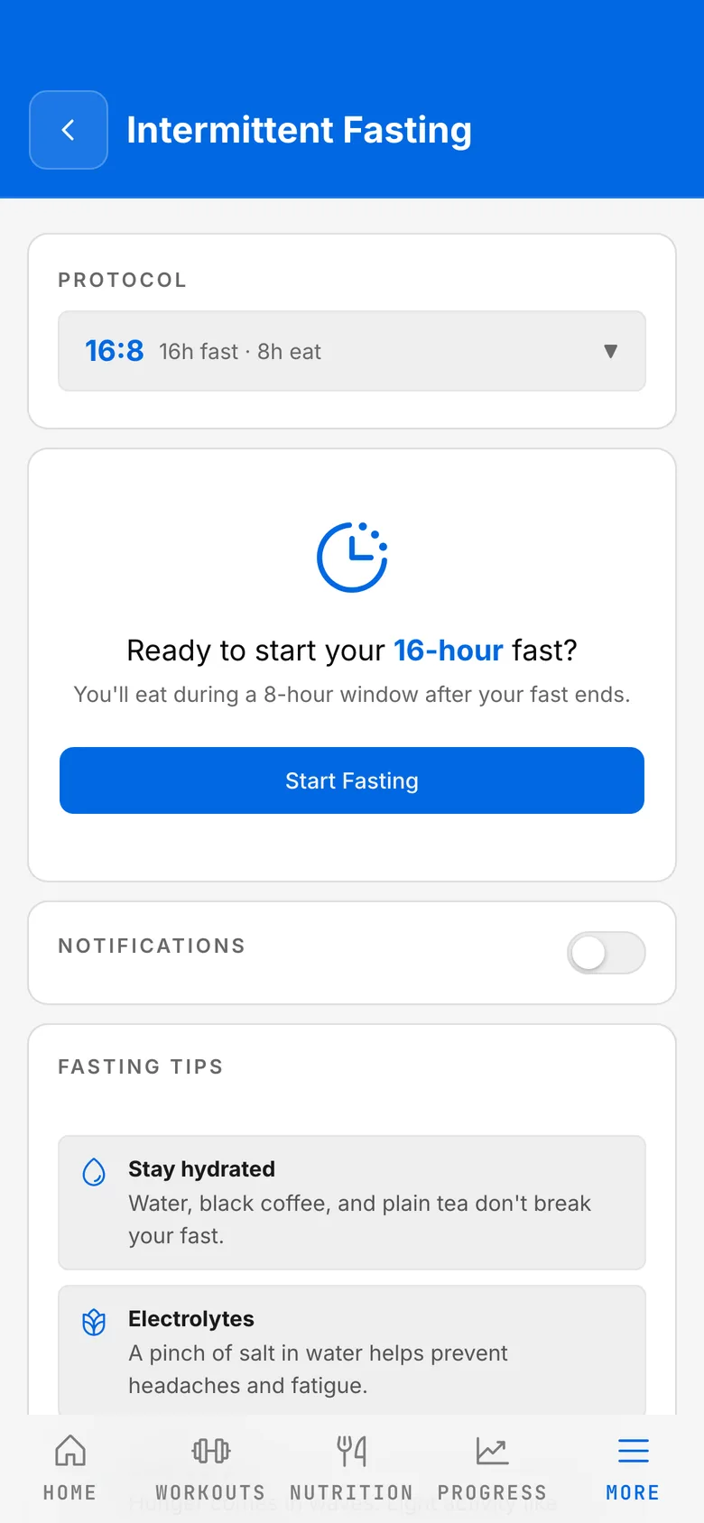 The fasting timer with a 16:8 protocol selected, ready to start