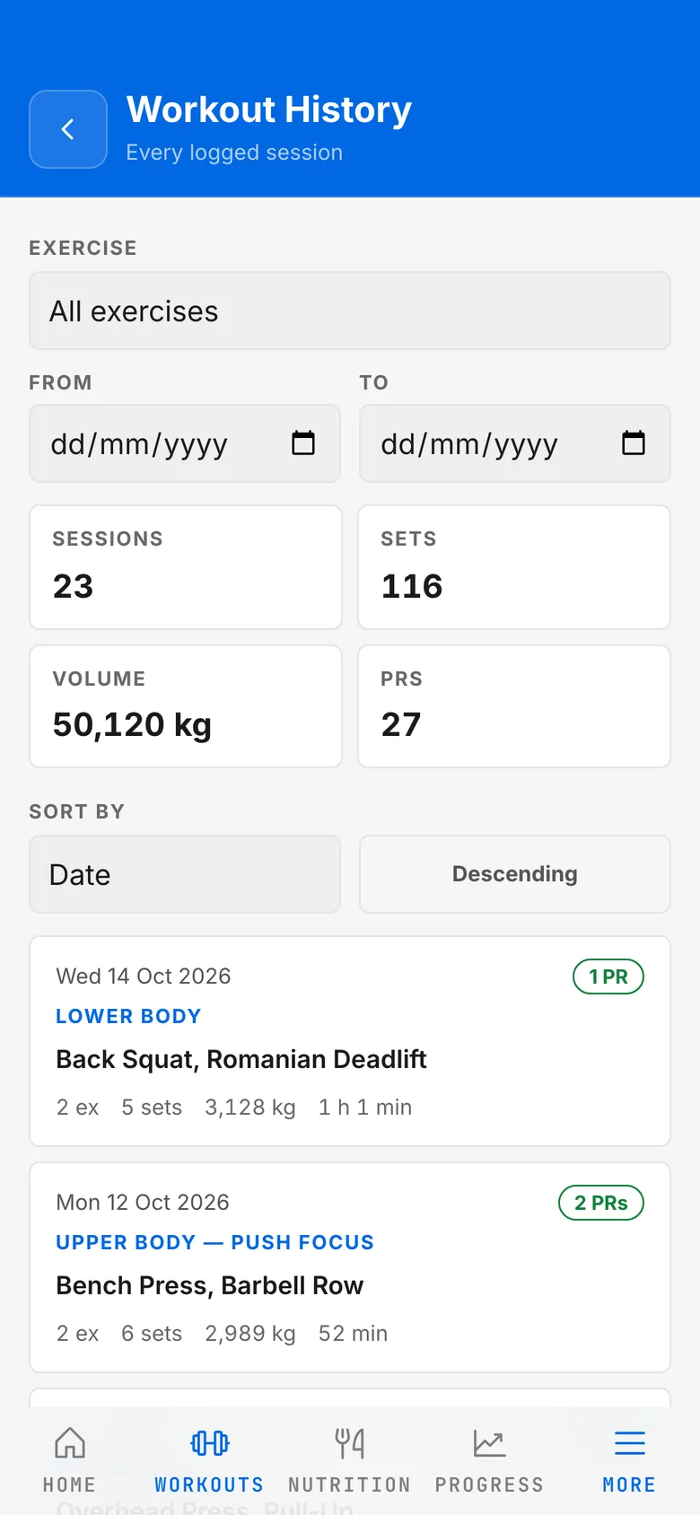 Workout history with session, set, volume and PR totals above a list of recent sessions