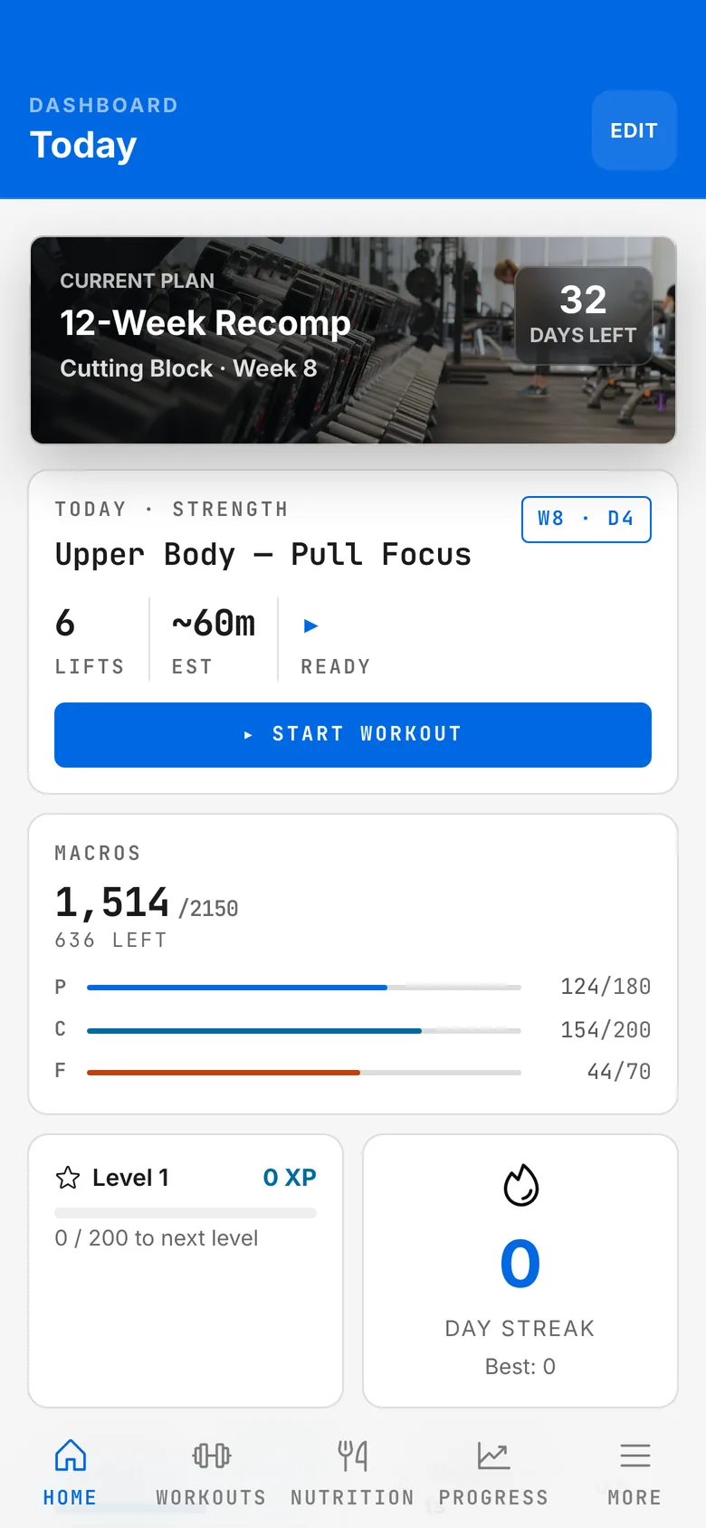 Match Rivals' Today screen showing the current plan, today's strength session and calories logged against the target