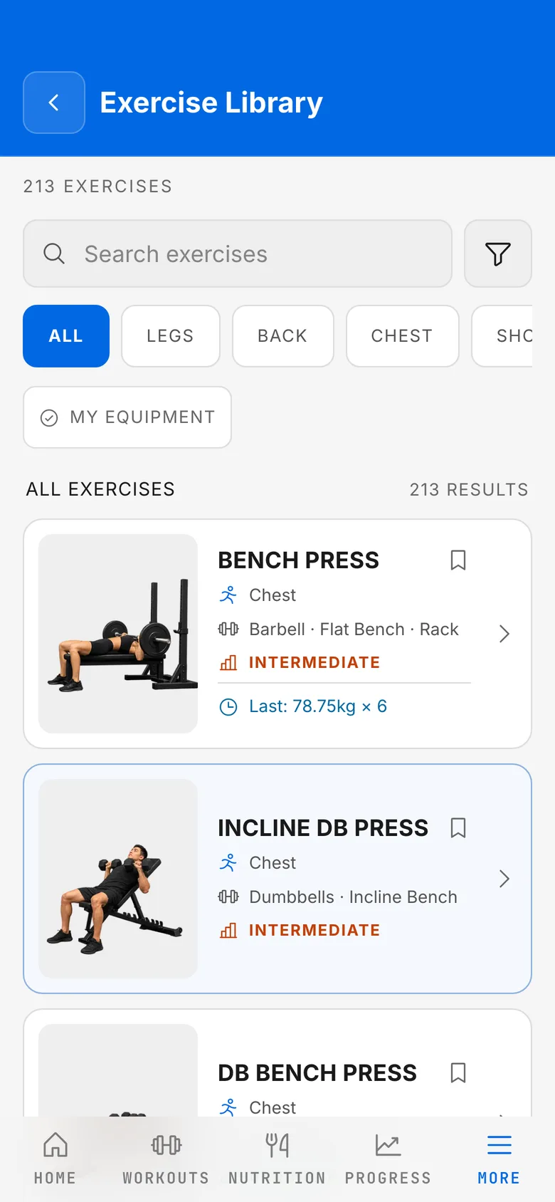 The exercise library filtered to all exercises with search and muscle-group filters