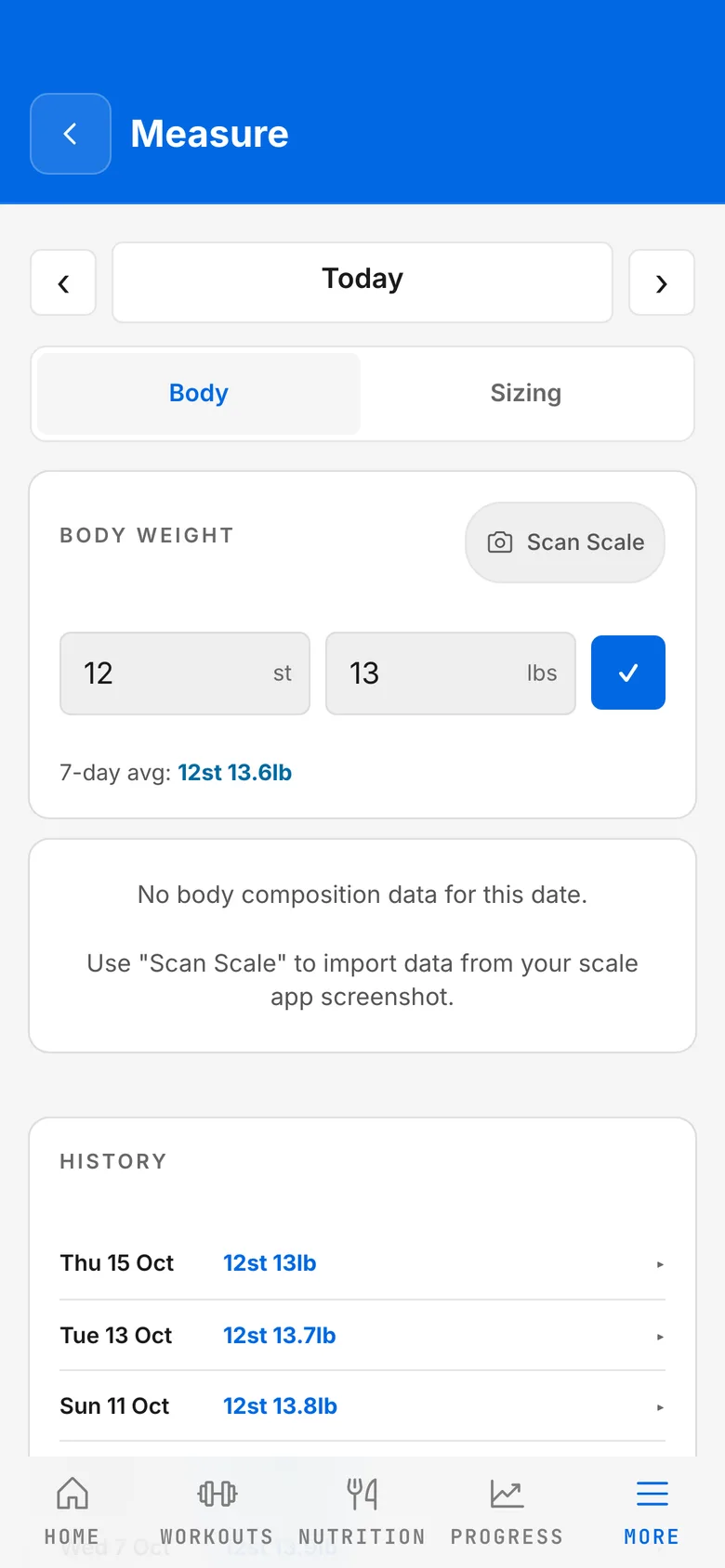 Body-weight entry in stone and pounds with a seven-day average and history