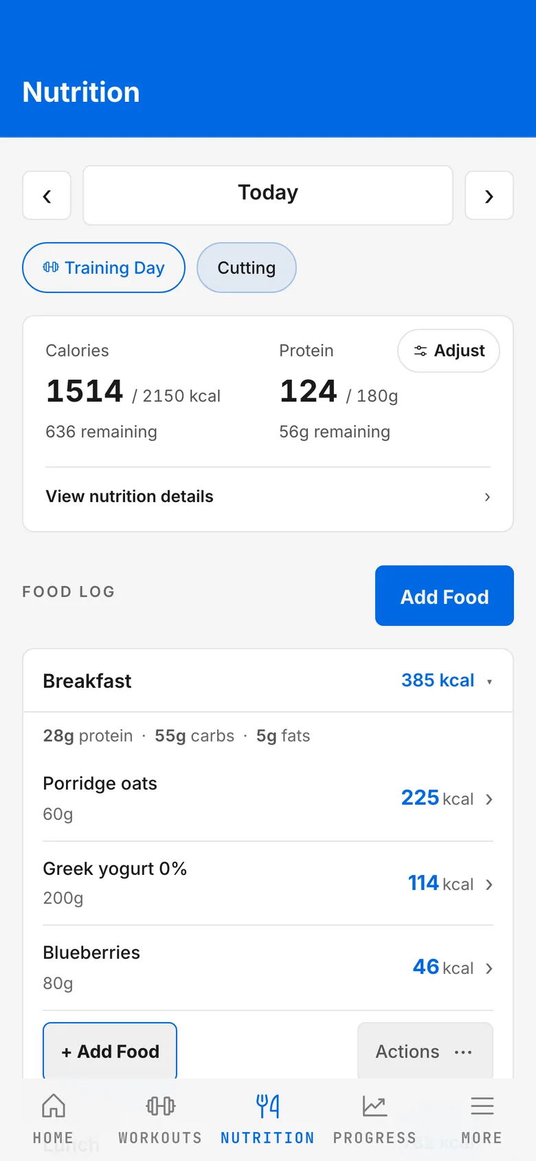 The food diary with breakfast logged and calories and protein compared with the target