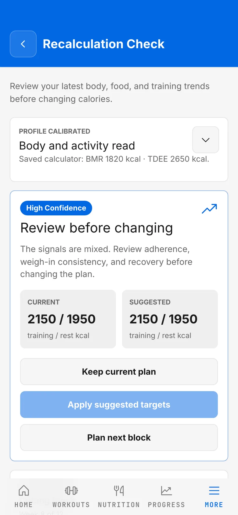 A recalculation check comparing current and suggested calorie targets