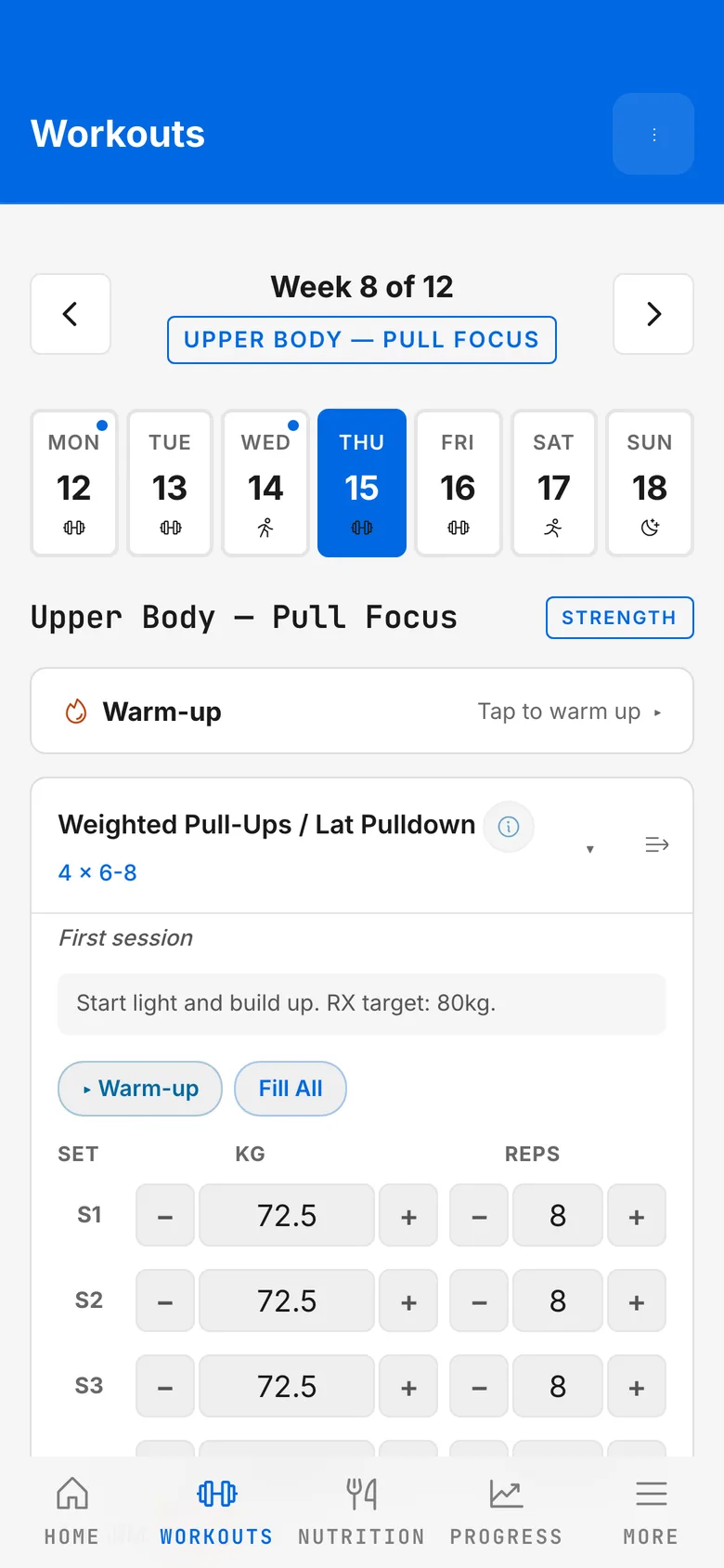 A planned upper-body session with the week view and sets ready to log